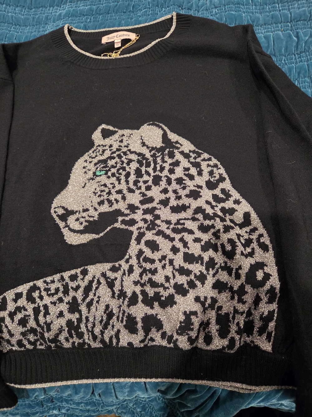 Juicy Couture Black Crewneck Sweater with Silver Leopard and Green Eye